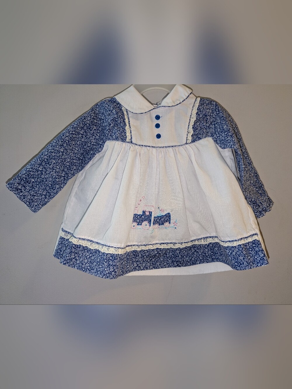 💙 Vintage Baby Togs Blue White Floral Dress Peter Pan Collar Apron 18 Months
